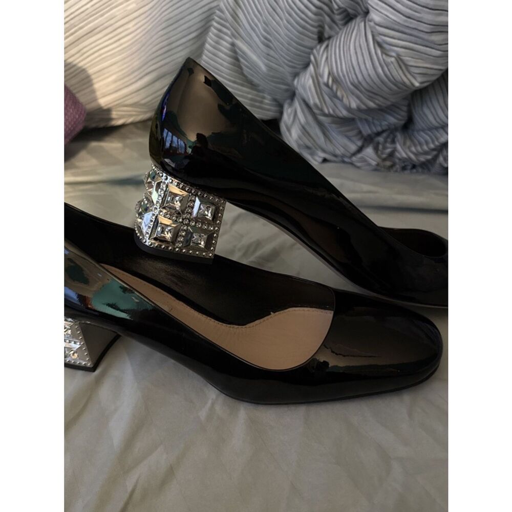 MIU MIU Embellished Jeweled Crystal Heel Black Patent Leather Luxury Heels 38.5 - Picture 9 of 9